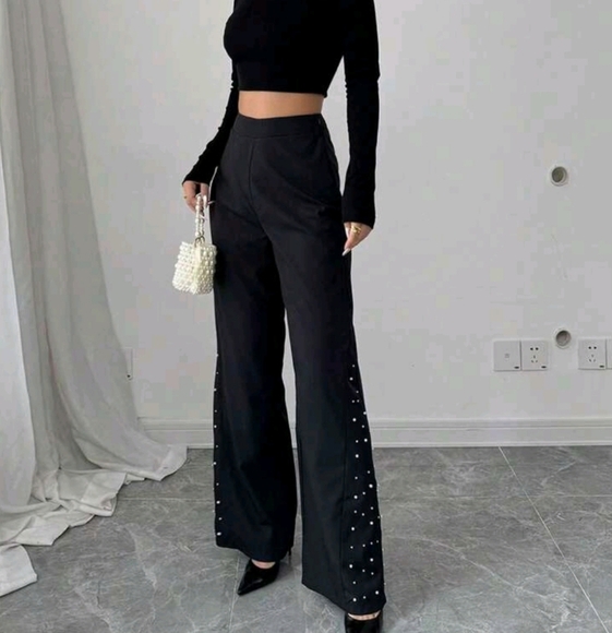 Women's Pearl Decor Wide Leg Elegant Pants - Picture 1 of 4